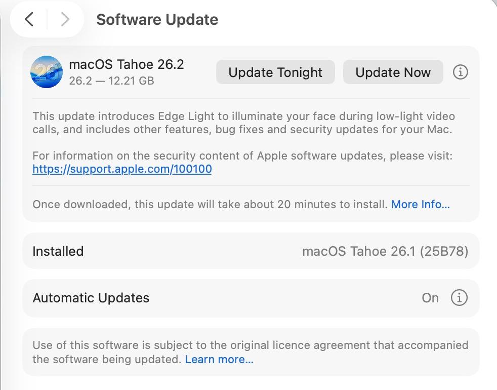 MacOS Tahoe 26.2 Update