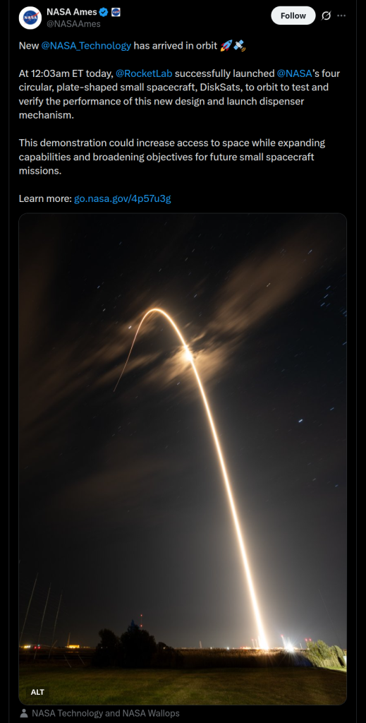 NASA's DiskSat Reaches Low Earth Orbit - X Post