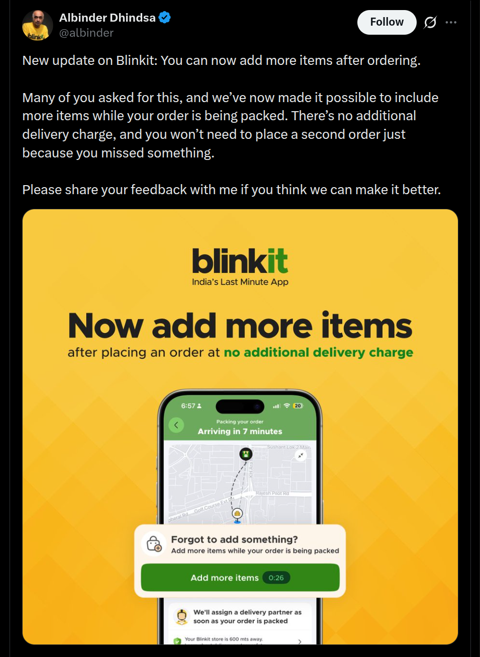 New Update for Blinkit (X Post)