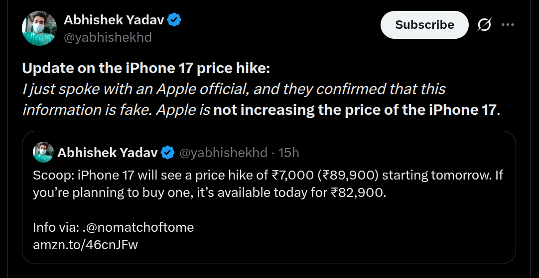 News About iPhone 17 Price Hike Was Fake - X Post