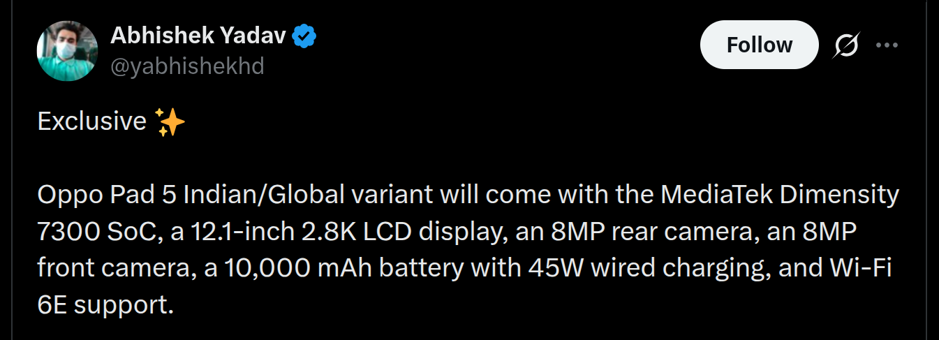 OPPO Pad 5 Indian or Global Variant - Tipped Key Specs (X Post)
