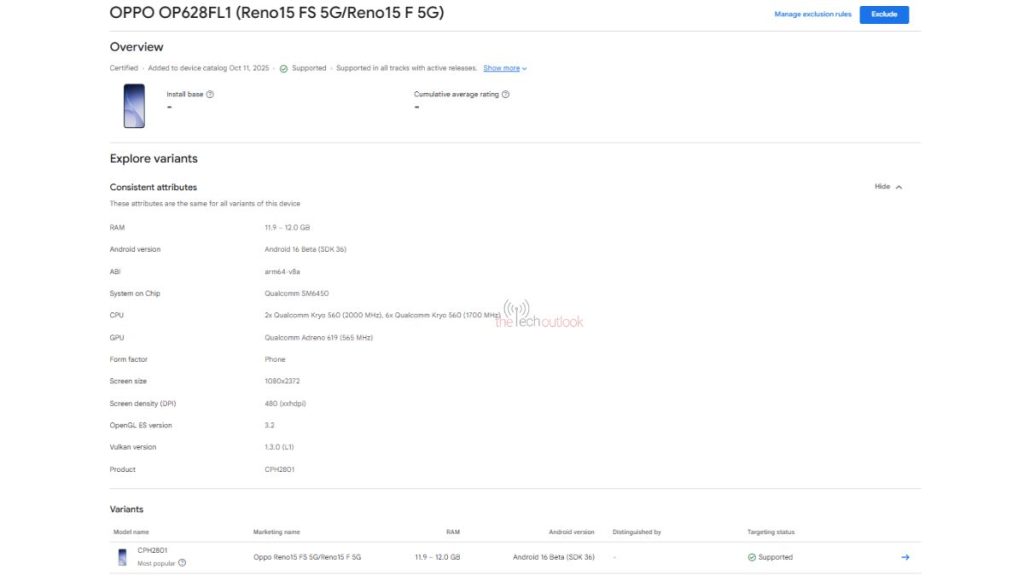 OPPO Reno 15 FS 5G or Reno 15 FS 5G - Google Play Console Listing