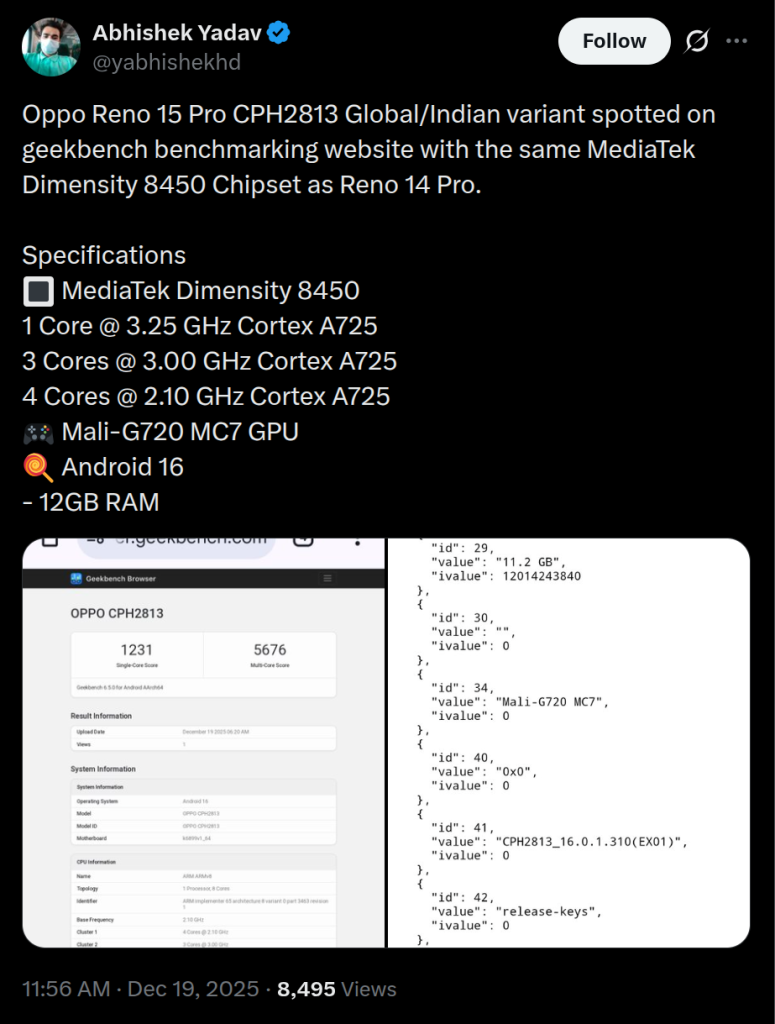 OPPO Reno 15 Pro Global.Indian Variant (CPH2813) - Geekbench Listing (X Post)