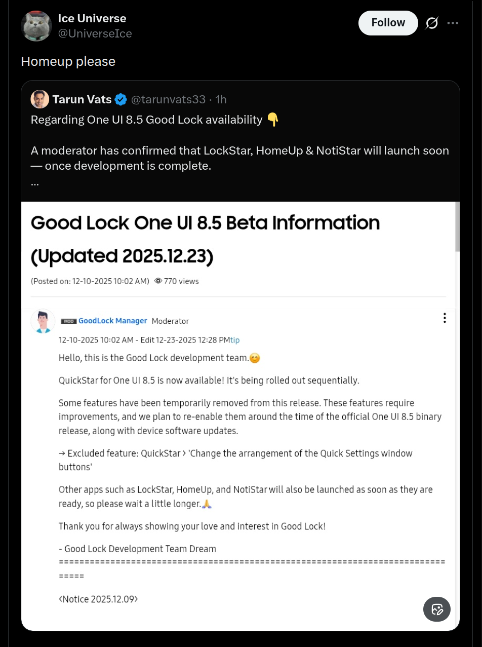 One UI 8.5 Good Lock Availability - X Post