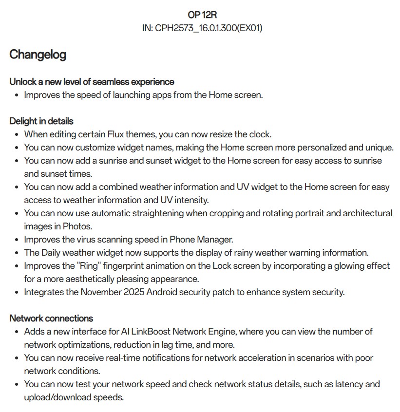 OnePLus 12 November 2025 Update Changelog