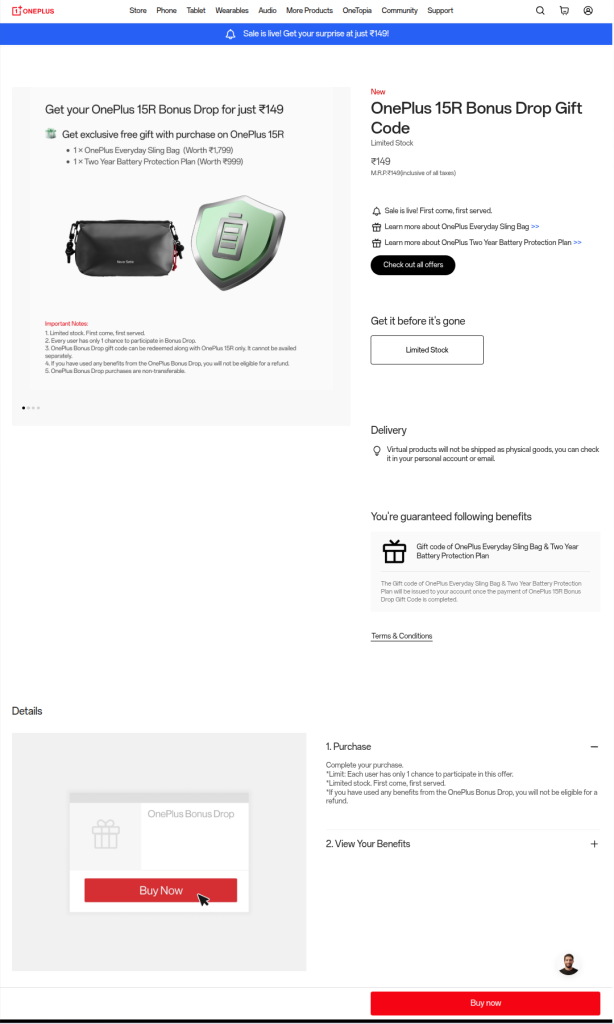 OnePlus 15R Bonus Drop Gift Code - OnePlus Official Website Listing