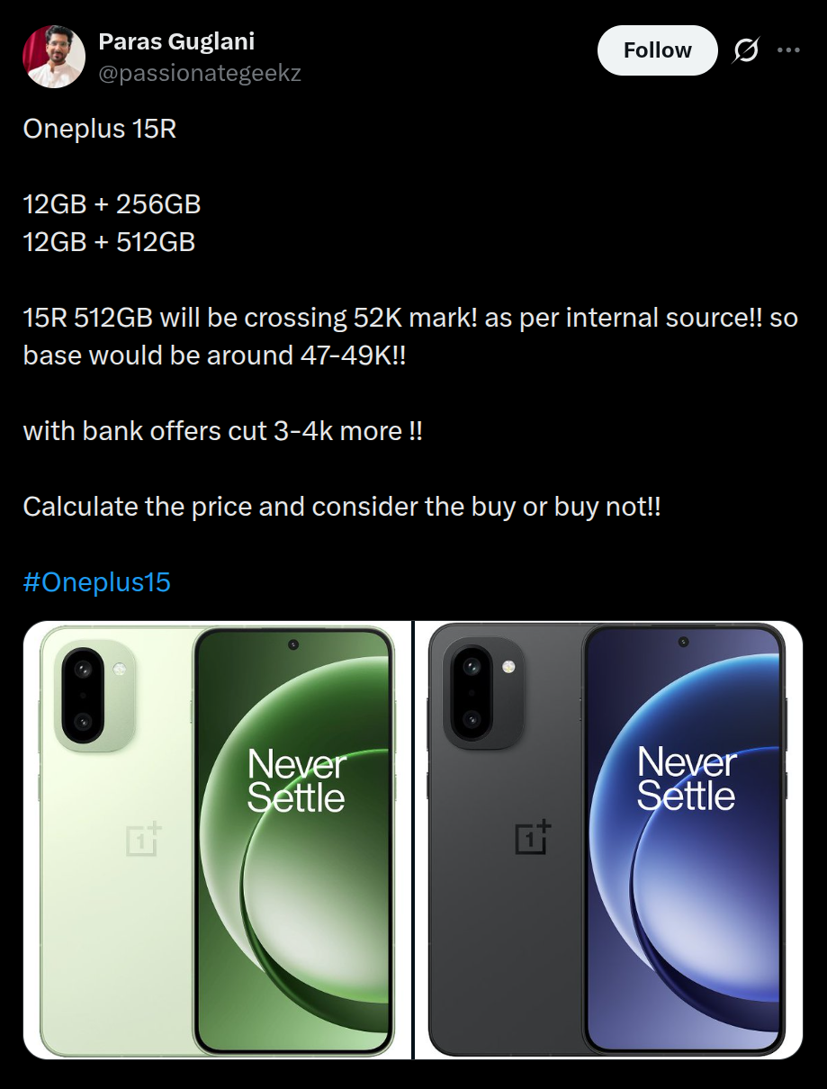 OnePlus 15R - Storage Options and Pricing Details Tipped (X Post)
