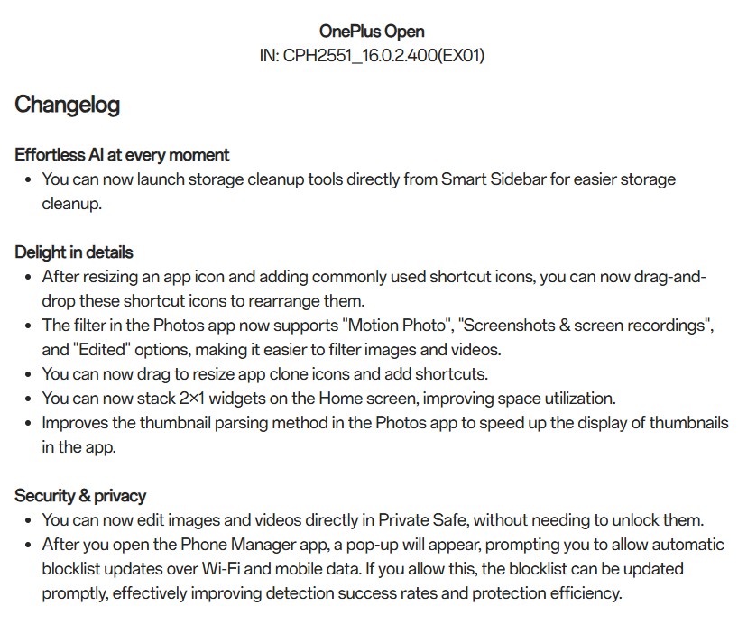 OnePlus Open 16.0.2.400 update