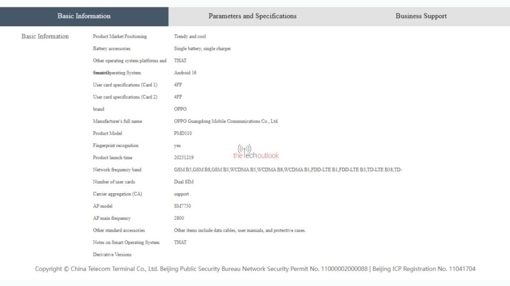 Oppo reno 15C on CHina Telecom Specs