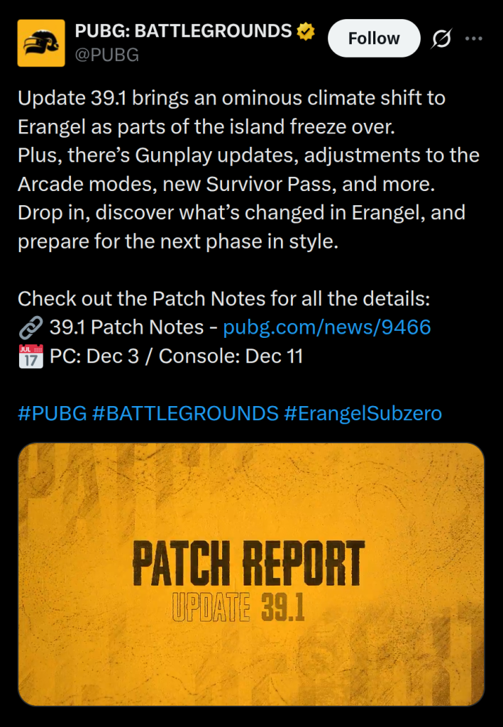 PUBG BATTLEGROUNDS - Update 39.1 (X Post)