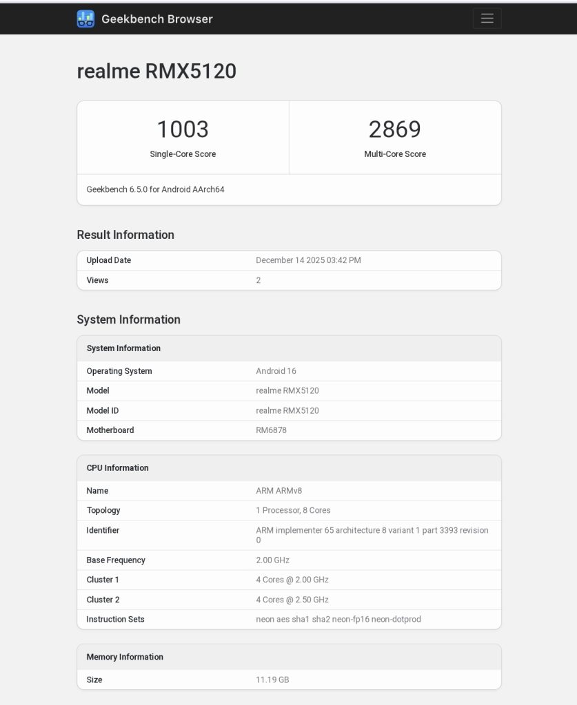 Realme 16 Pro (RMX5120) - Geekbench Listing (1)