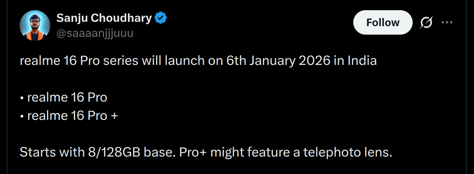 Realme 16 Pro Series - Launch Details Tipped (X Post)
