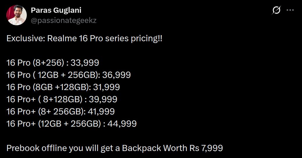 Realme 16 Pro Series - Pricing Details Tipped (X Post)