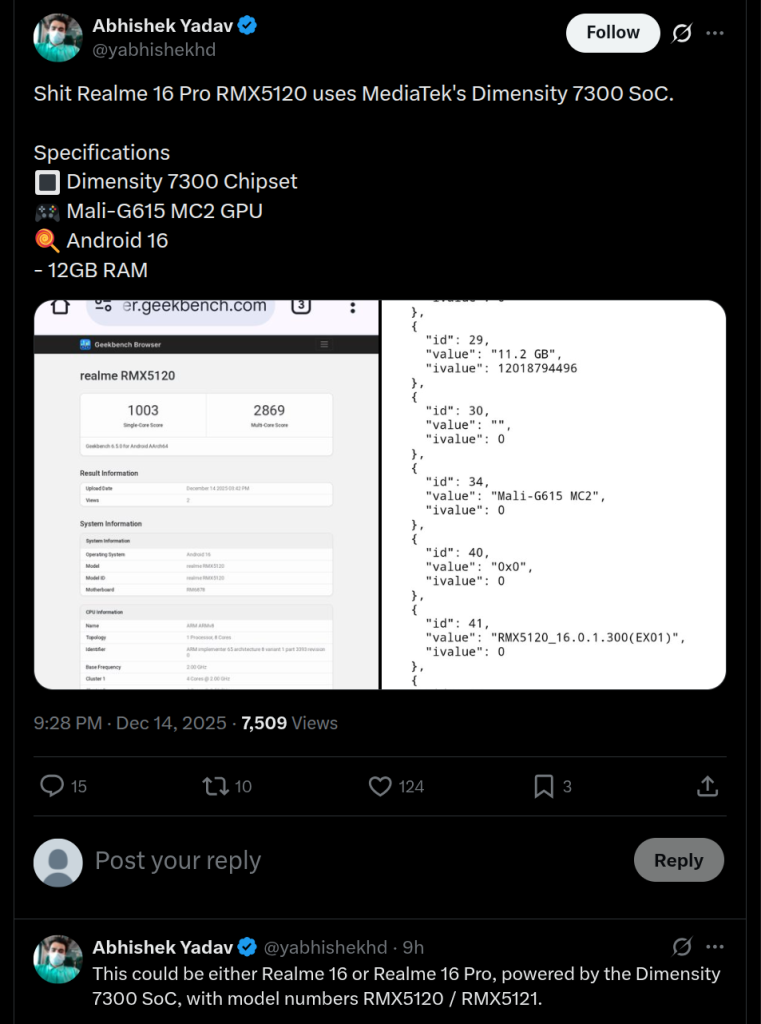 Realme 16 Pro Series Smartphone (RMX5120) - Geekbench Listing (X Post)