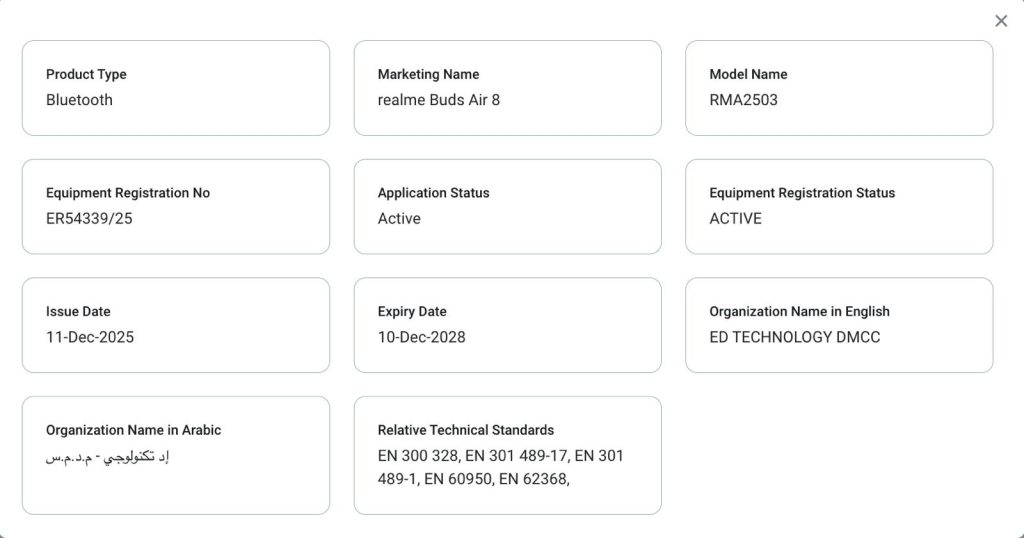 Realme Buds Air 8 - TDRA Certification