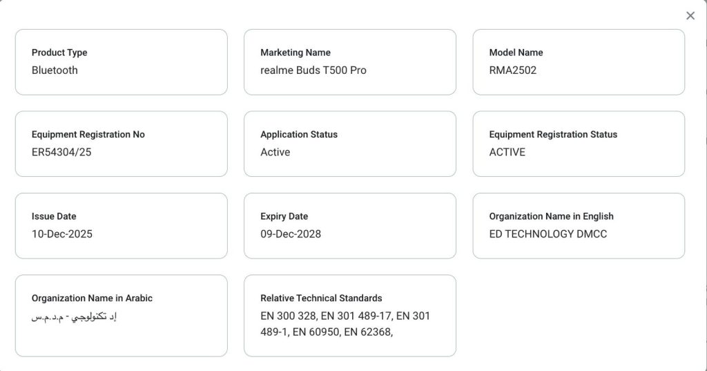 Realme Buds T500 Pro - TDRA Certification