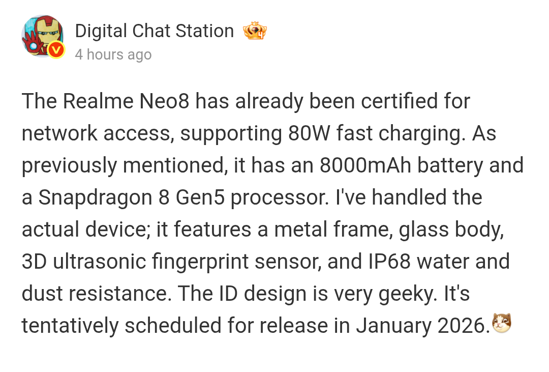Realme Neo 8 - Weibo Post
