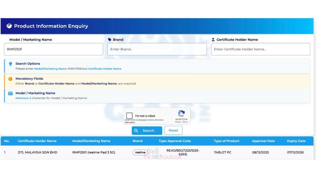 Realme Pad 3 5G - SIRIM Certification