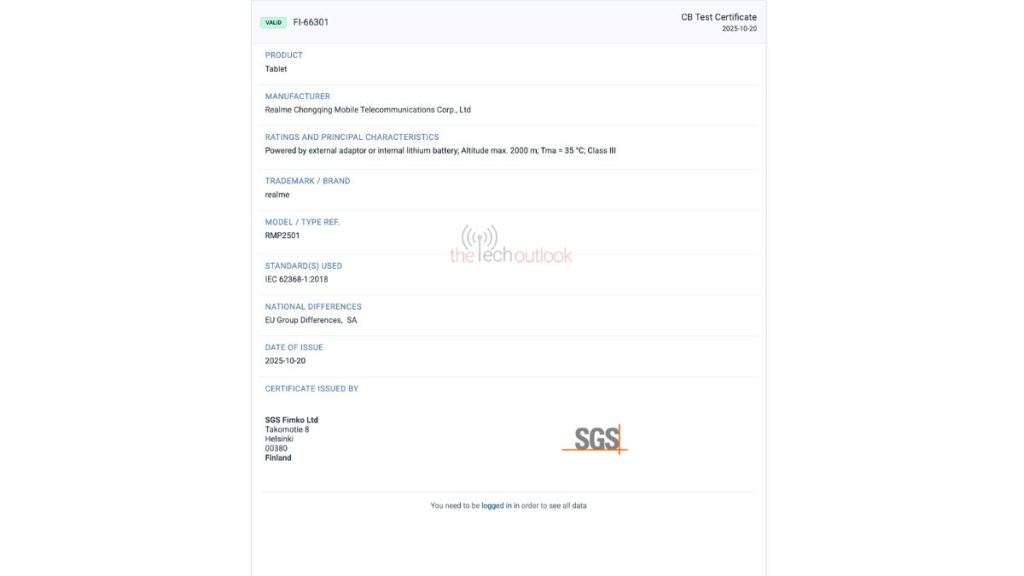 Realme Pad 3 5G - SGS Certification