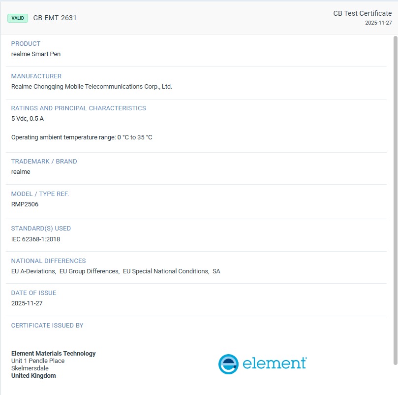 Realme Smart Pen (RMP2506) - Element Certification