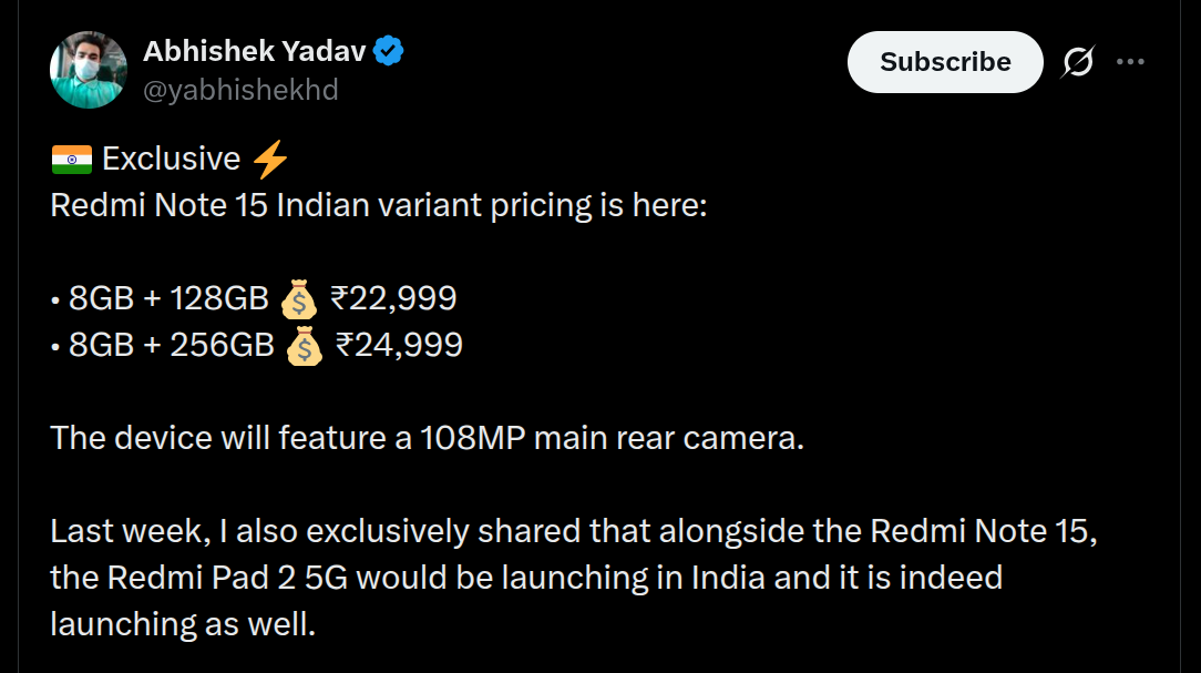 Redmi Note 15 Indian Variant Pricing Details Revealed - X Post