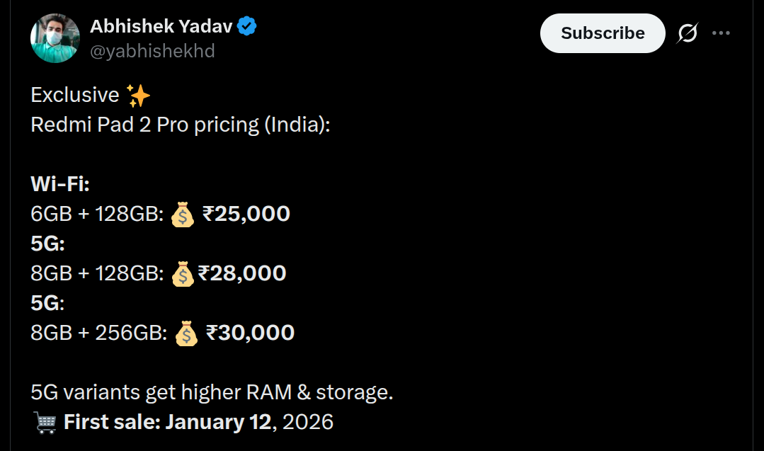 Redmi Pad 2 Pro - Indian Pricing Details Tipped (X Post)