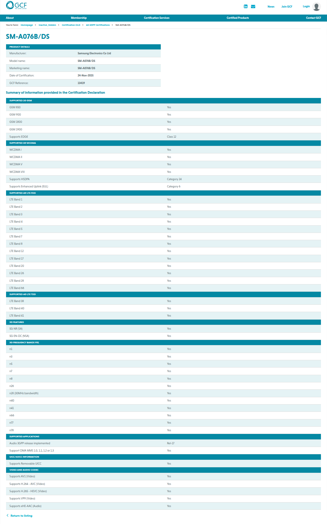 Samsung Galaxy A07 5G - GCF Certification