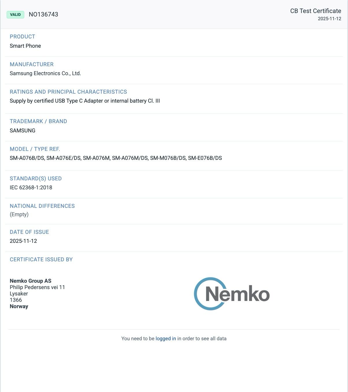 Samsung Galaxy A07 5G - Nemko Certification