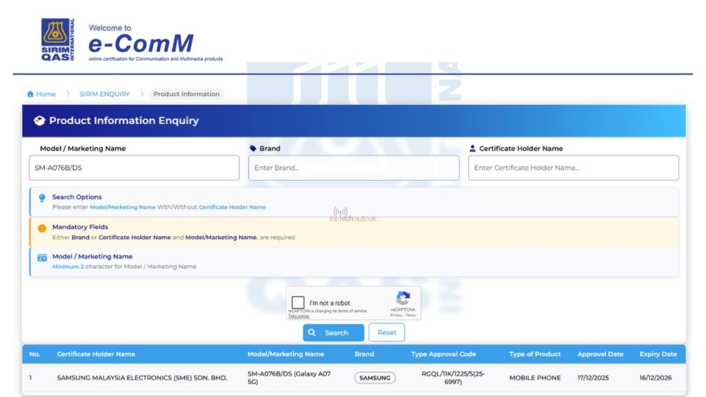 Samsung Galaxy A07 5G - SIRIM Certification