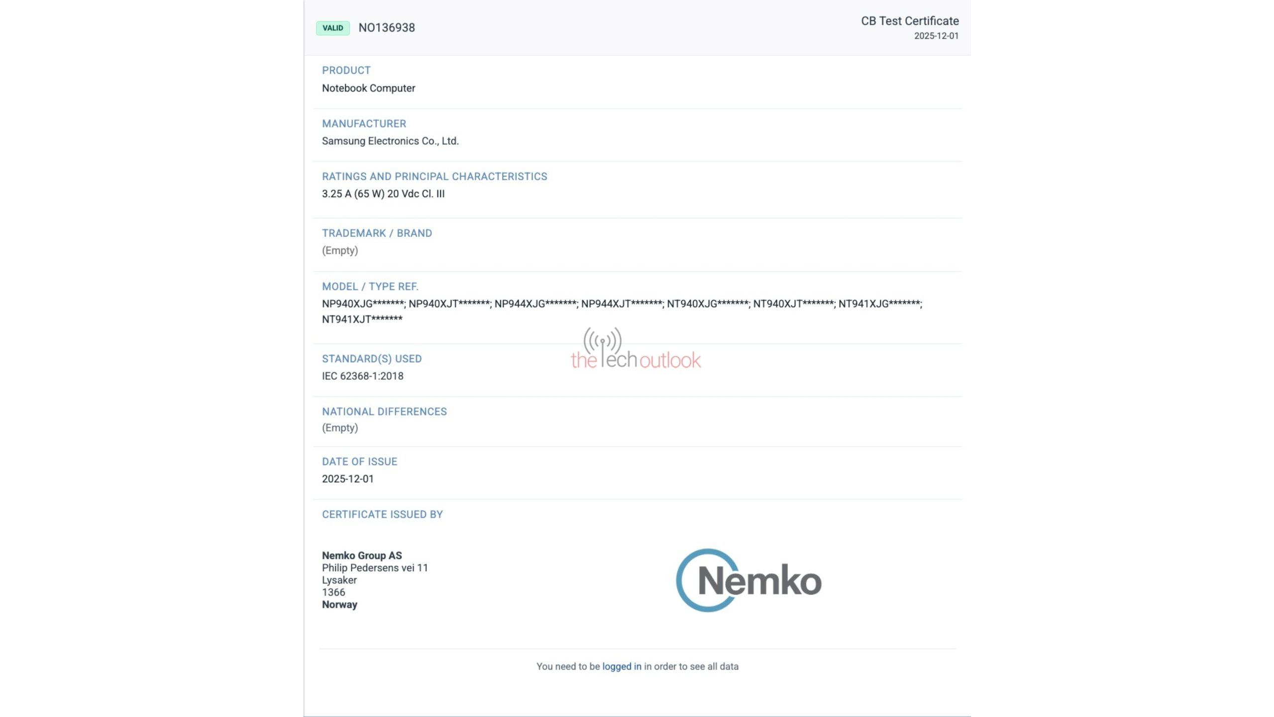 Samsung Galaxy Book 6 Pro - Nemko Certification