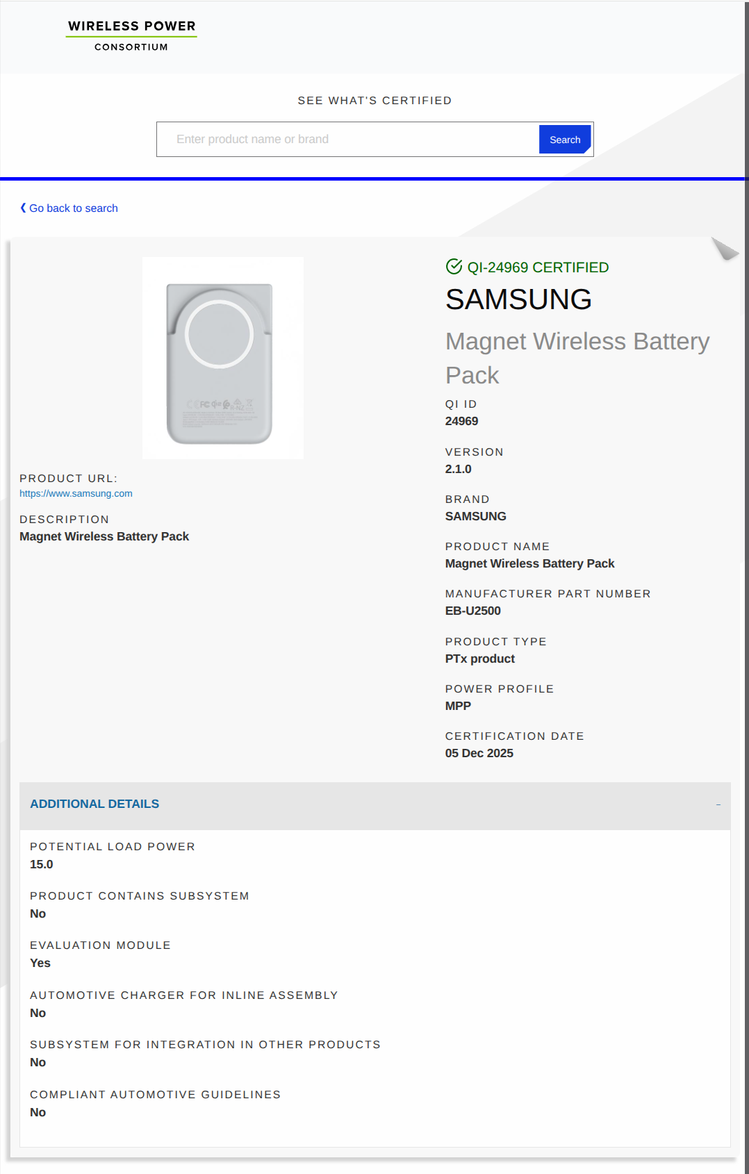 Samsung Magnet Wireless Battery Pack - Wireless Power Consortium Certification