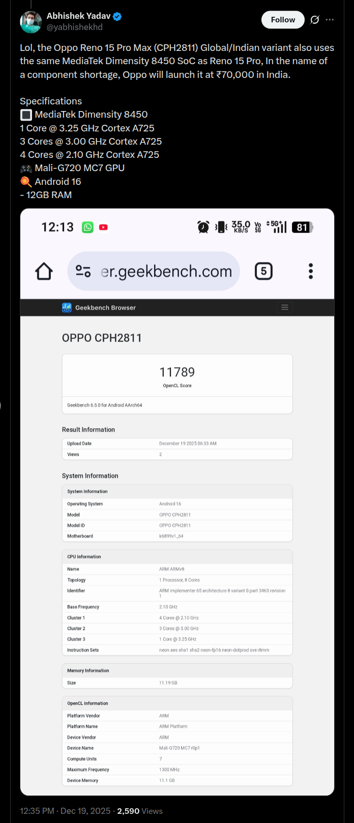 OPPO Reno 15 Pro Max 5G (CPH2811) Global.Indian Variant - Geekbench Listing (X Post)