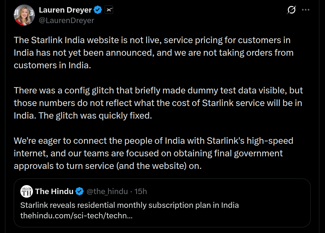 Starlink India Update - X Post Via (@LaurenDreyer)