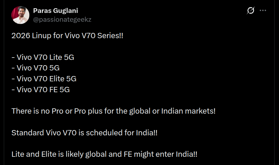 Vivo V70 Series Lineups for 2026 - X Post