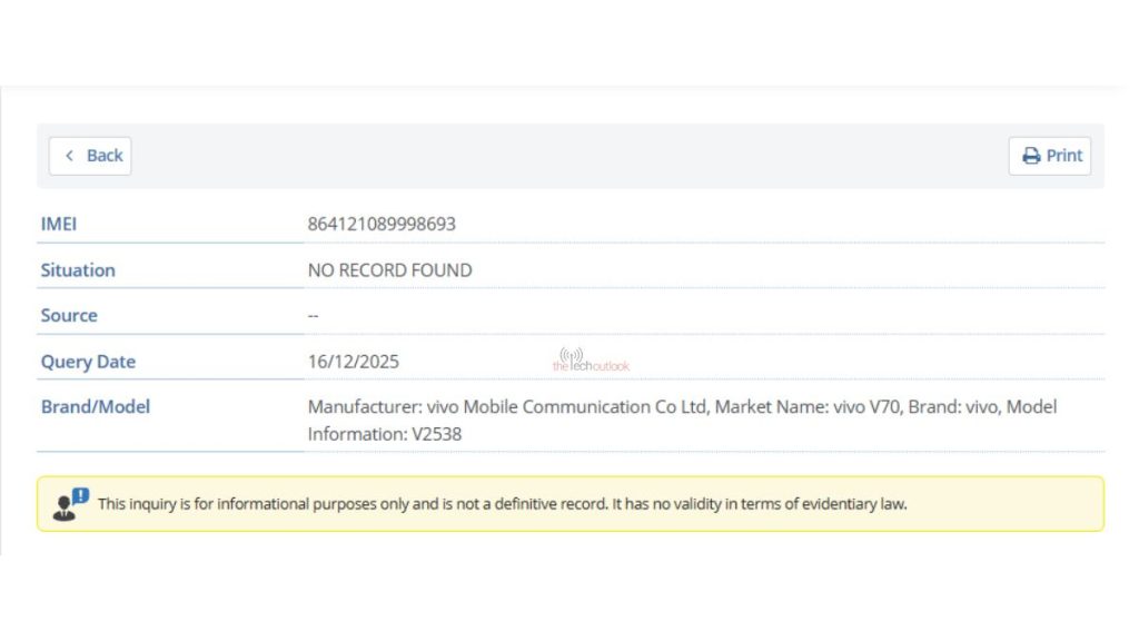 Vivo V70 Spotted on IMEI Database