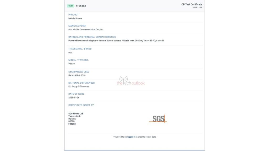 Vivo V70 - SGS Certification