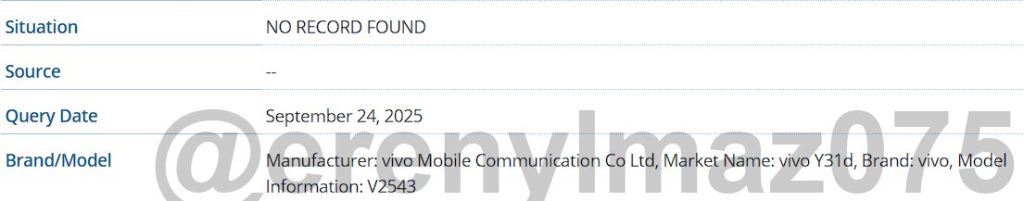 Vivo Y31d (V2543) - IMEI Listing