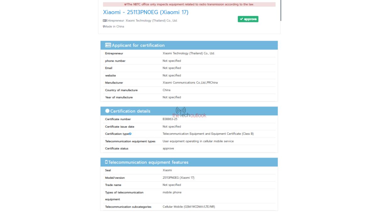 Xiaomi 17 Spotted on NBTC Thailand