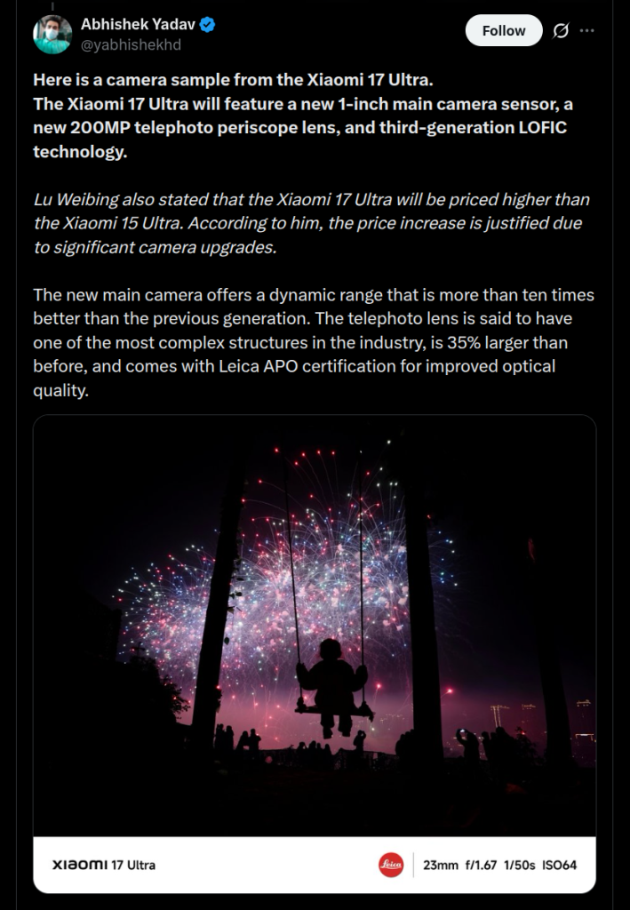 Xiaomi 17 Ultra - Camera Specs (X Post 3)