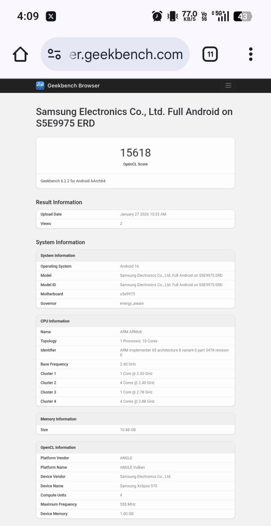 Exynos 2700 SoC alleged listing
