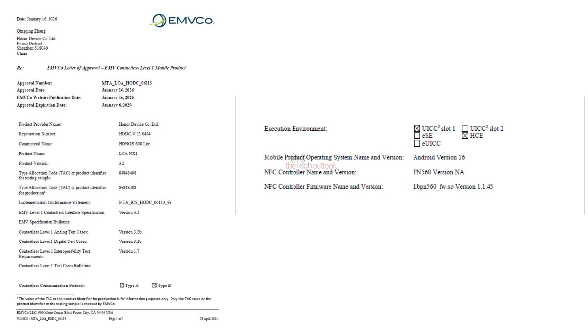 Honor 600 Lite EMVco