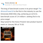 Honor Power 2 - MediaTek Dimensity 8500 Elite Chip Teased (Weibo Post)