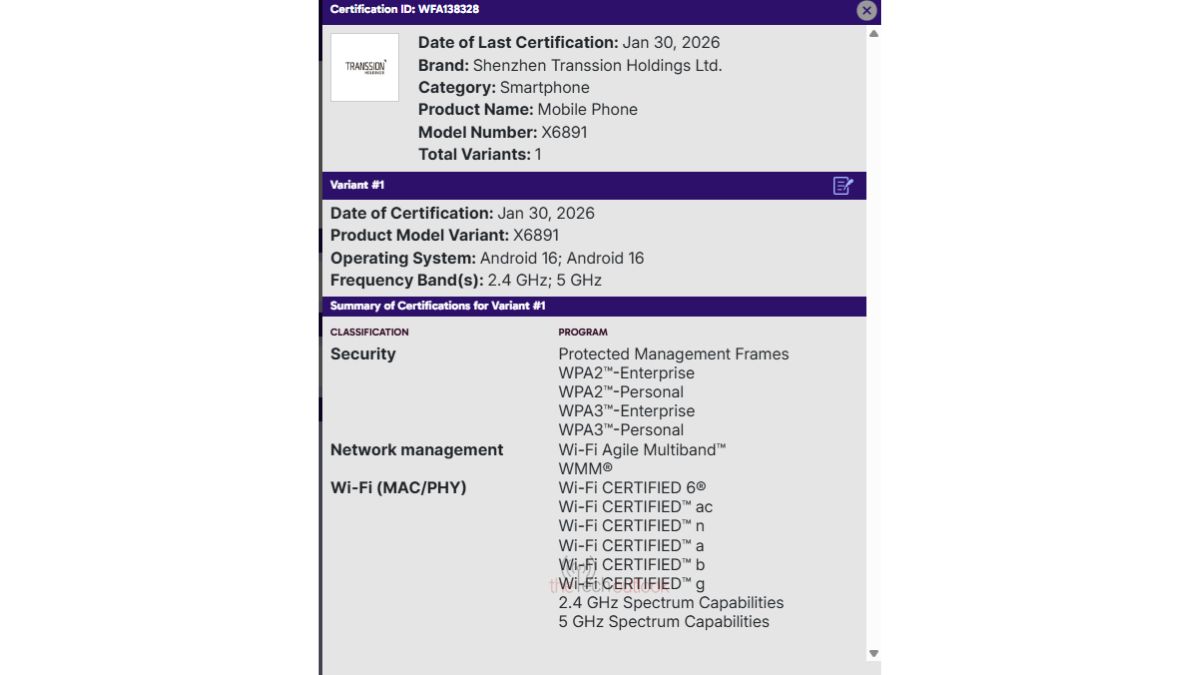 Infinix GT 50 Pro spotted on Wifi Alliance