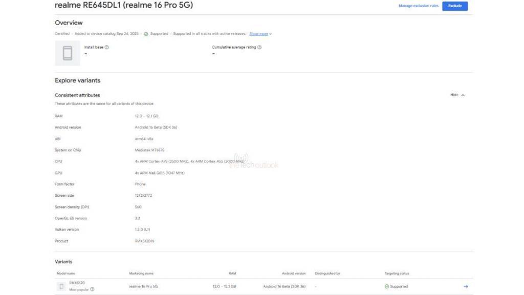 Realme 16 Pro 5G spotted on google Play Console