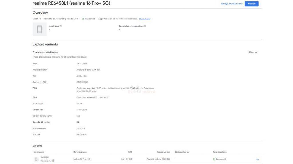 Realme 16 Pro+ spotted on google Play Console