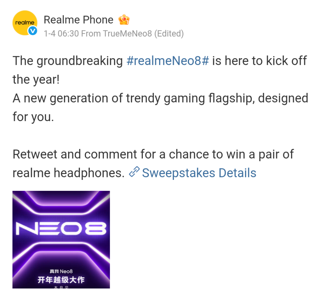 Realme Neo 8 - New Generation of Trendy Gaming Flagship (Weibo)