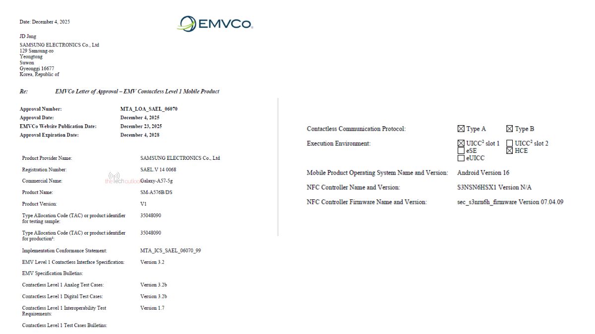 Samsung Galaxy A57 5G spotted on EMVCO