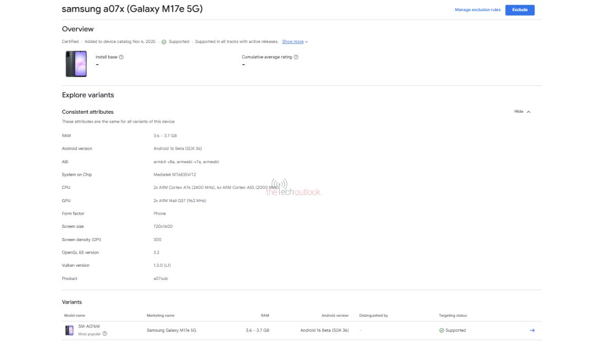 Samsung Galaxy M17e 5G spotted on Google Plaay Console