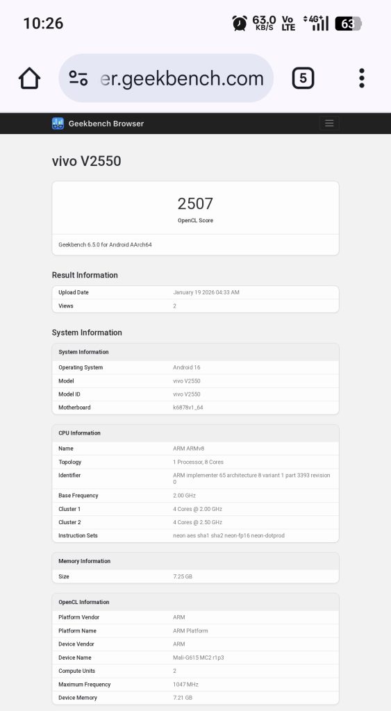 Vivo V70 FE OpenCL Score
