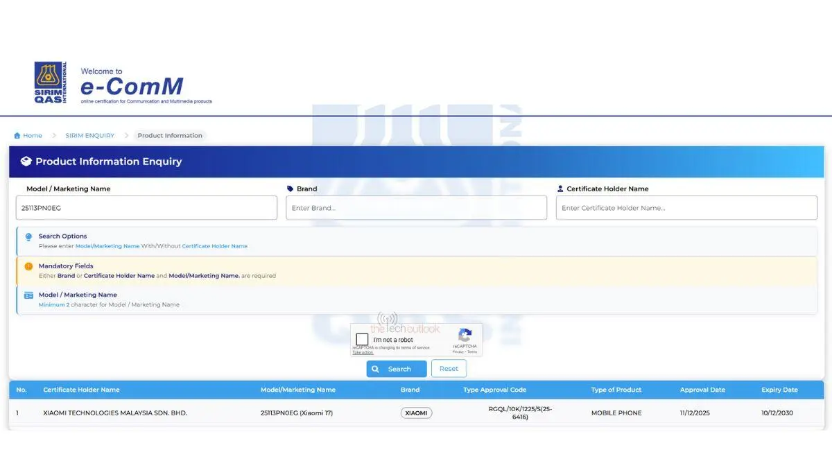 Xiaomi 17 - SIRIM Certification